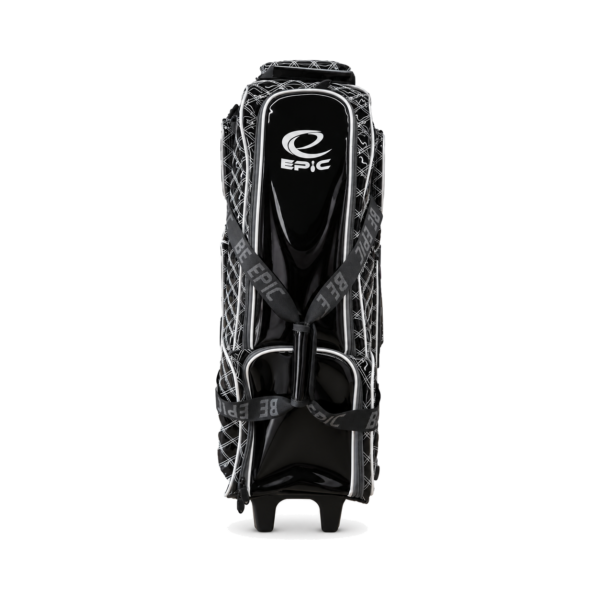 Front view of the Epic 4 Ball Inline Superior Deluxe Black Silver Diamond bowling bag with the glossy black front panel, Epic logo and the Be Epic strap across the middle