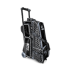 Three-quarter side view of the Epic 4 Ball Inline Superior Deluxe Black Silver Diamond bowling bag showing the two glossy side pockets, Epic Bowling lettering, the quilted side panel and one large wheel