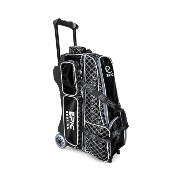 Three-quarter side view of the Epic 4 Ball Inline Superior Deluxe Black Silver Diamond bowling bag showing the two glossy side pockets, Epic Bowling lettering, the quilted side panel and one large wheel