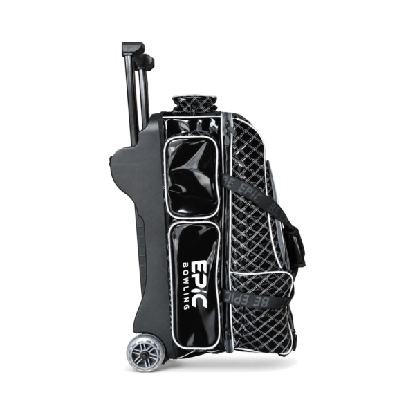 Side view of the Epic 4 Ball Inline Superior Deluxe Black Silver Diamond bowling bag with the hard molded side panel, the extended pull handle, two side pockets and the large wheel