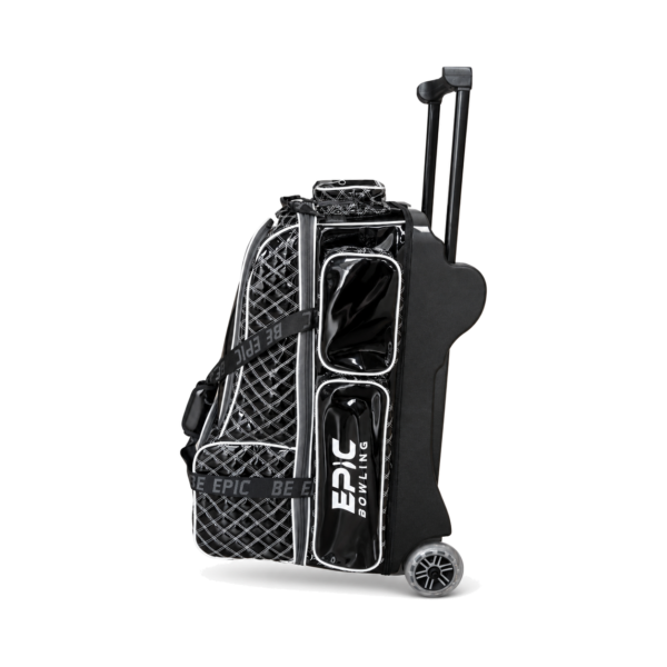 Rear three-quarter view of the Epic 4 Ball Inline Superior Deluxe Black Silver Diamond bowling bag showing the quilted back, shoulder strap, side pockets and the pull handle