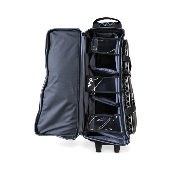 Epic 4 Ball Inline Superior Deluxe Black Silver Diamond bowling bag unzipped and laid open, showing the inline ball cups with clear-window retention flaps and the top carry handle