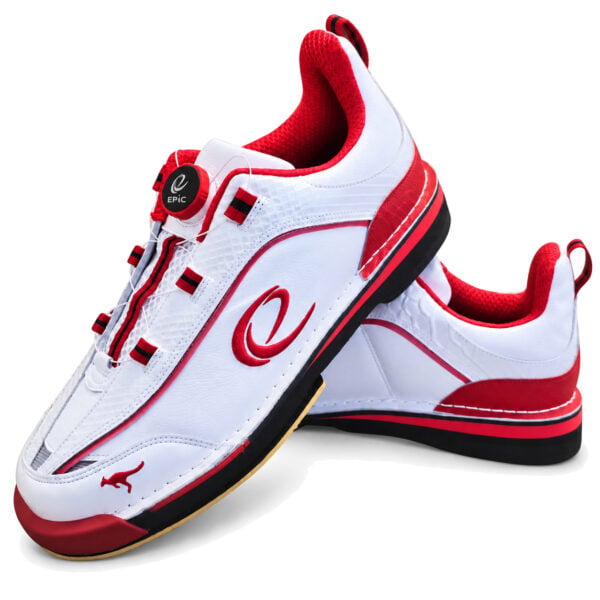 Pair of Epic Apollo Dial Comfort Fire Red White Ghost bowling shoes angled to show the dial closure and sole edge