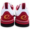 Heel view of a pair of Epic Apollo Dial Comfort Fire Red White Ghost bowling shoes with gold embroidered e logos