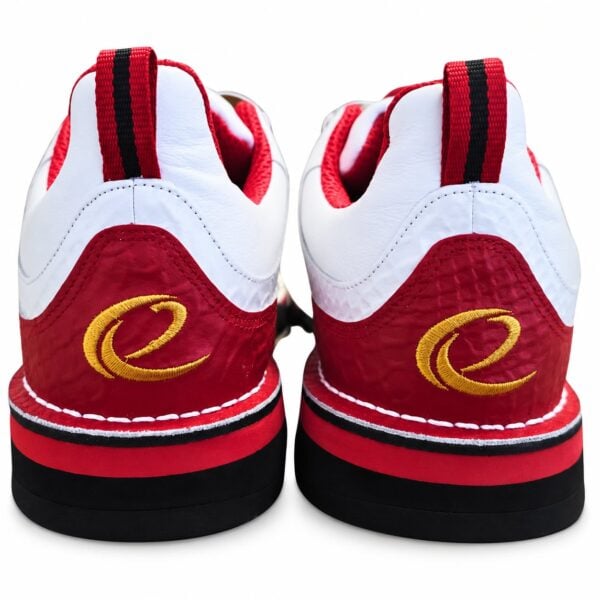 Heel view of a pair of Epic Apollo Dial Comfort Fire Red White Ghost bowling shoes with gold embroidered e logos