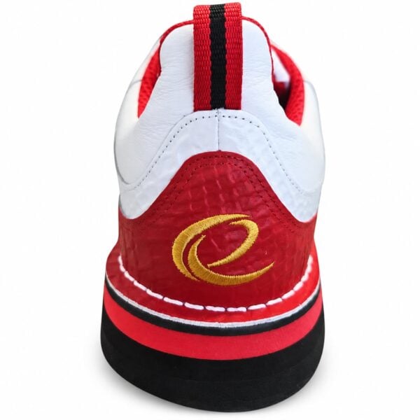 Heel of the Epic Apollo Dial Comfort Fire Red White Ghost bowling shoe with gold embroidered e logo