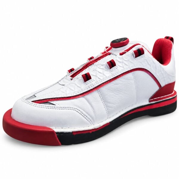 Epic Apollo Dial Comfort Fire Red White Ghost bowling shoe viewed at an angle from the toe