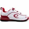 Side profile of the Epic Apollo Dial Comfort Fire Red White Ghost bowling shoe with red e logo and kangaroo emblem