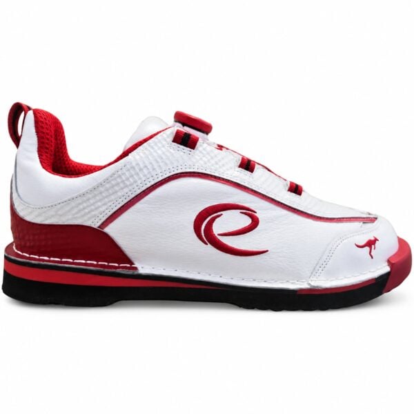 Side profile of the Epic Apollo Dial Comfort Fire Red White Ghost bowling shoe with red e logo and kangaroo emblem