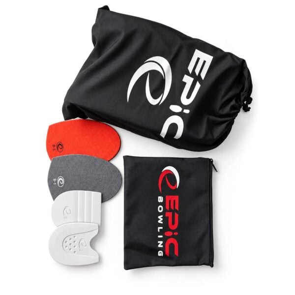 Accessories included with the Epic Apollo Dial X bowling shoes: spare B-5 and B-1 slide soles, two spare heels, a black Epic shoe bag and a zippered Epic Bowling accessory bag