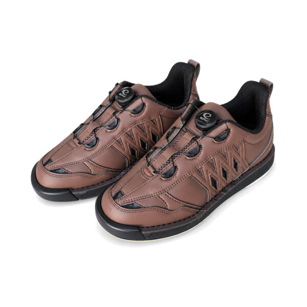 Pair of Epic Apollo Dial X Louis Brown right hand bowling shoes from the front three-quarter angle, showing the dial closures and cable lacing.