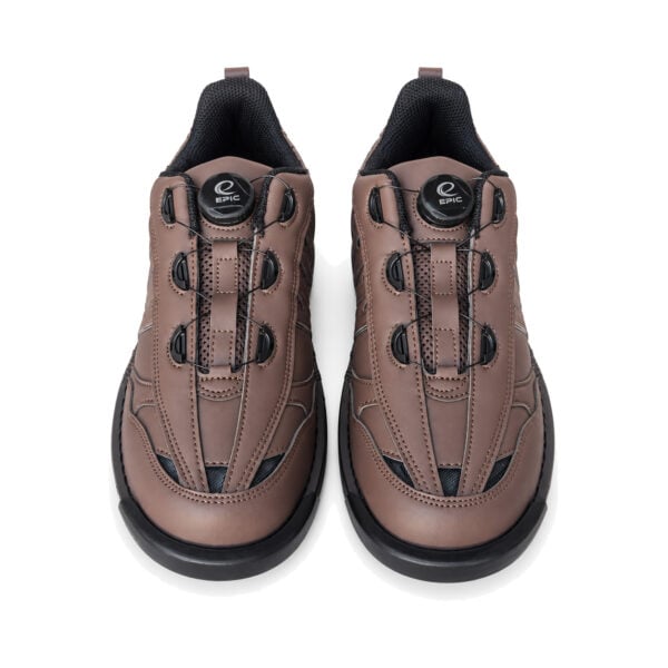 Pair of Epic Apollo Dial X Louis Brown right hand bowling shoes viewed head-on from the front, showing matching dial closures and cable lacing on both shoes.