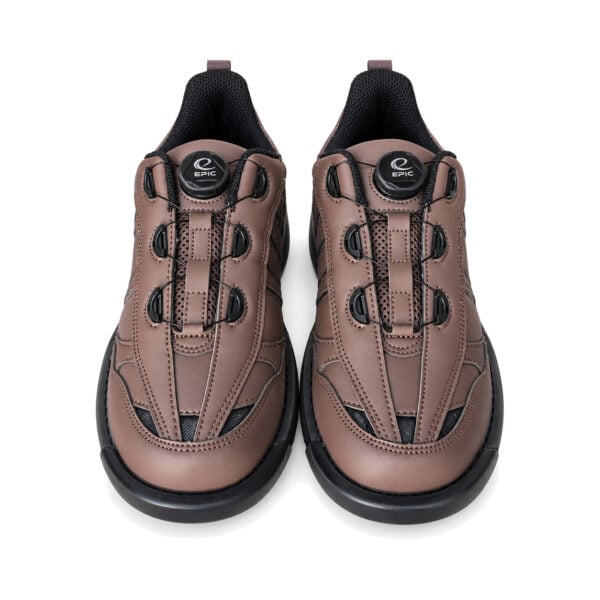 Close front three-quarter view of a pair of Epic Apollo Dial X Louis Brown right hand bowling shoes, showing the dial closures and diamond mesh panels in detail.