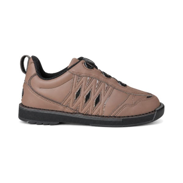 Side profile of an Epic Apollo Dial X Louis Brown right hand bowling shoe facing right, showing the brown leather-look upper, diamond mesh panel, and black outsole.