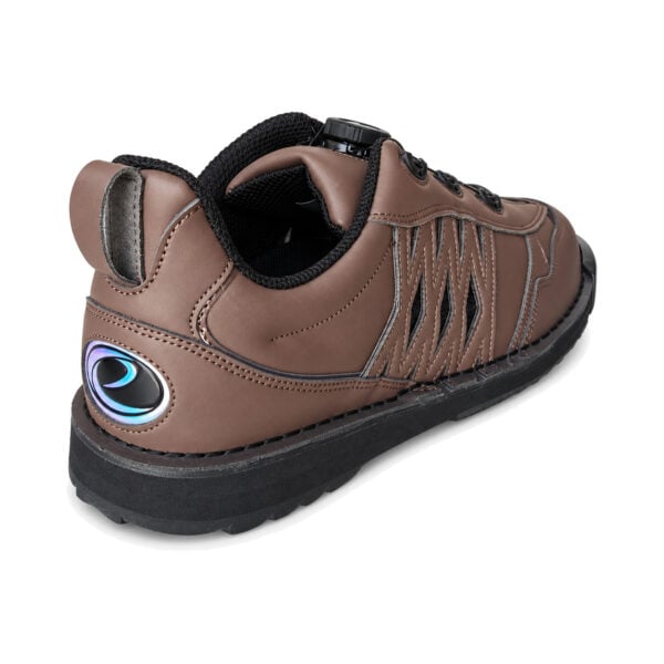 Rear three-quarter view of an Epic Apollo Dial X Louis Brown right hand bowling shoe, showing the heel pull tab and the iridescent swirl logo on the heel.