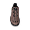 Single Epic Apollo Dial X Louis Brown right hand bowling shoe shown toe-on from the front, showing the brown leather-look upper, black Epic Dial closure, and cable lacing guides.