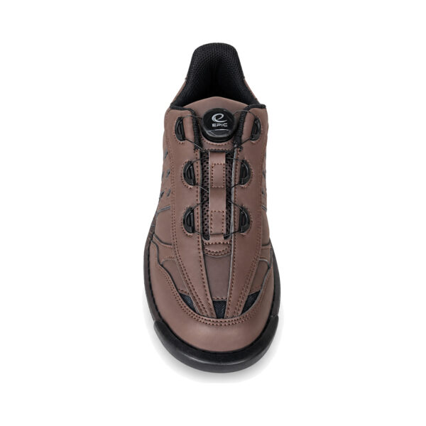 Single Epic Apollo Dial X Louis Brown right hand bowling shoe shown toe-on from the front, showing the brown leather-look upper, black Epic Dial closure, and cable lacing guides.
