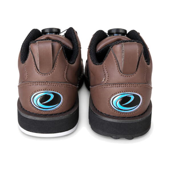 Pair of Epic Apollo Dial X Louis Brown right hand bowling shoes shown heel-on, showing the iridescent swirl logos on both heel badges.