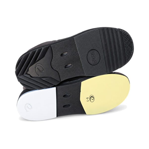 Soles of a pair of Epic Apollo Dial X Louis Brown right hand bowling shoes, showing the ribbed rubber traction sole on one shoe and the B-3 slide sole and white heel on the slide shoe.