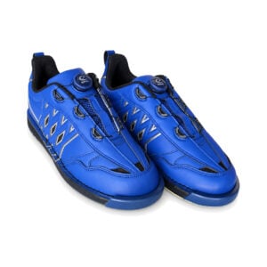 Pair of Epic Apollo Dial X Navy Gold right hand bowling shoes from the front three-quarter angle, showing the dial closures and diamond mesh panels in detail.