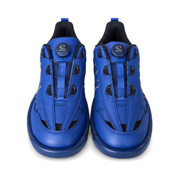 Pair of Epic Apollo Dial X Navy Gold right hand bowling shoes viewed head-on from the front, showing matching dial closures and cable lacing on both shoes.