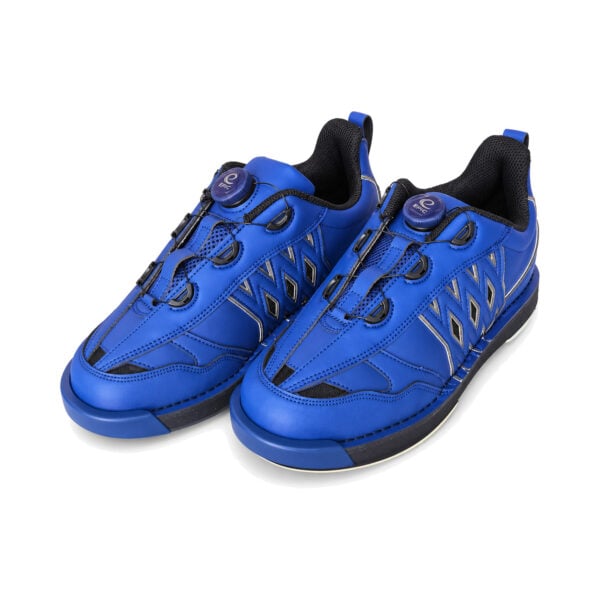 Pair of Epic Apollo Dial X Navy Gold right hand bowling shoes from the front three-quarter angle, showing matching dial closures and cable lacing.