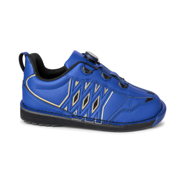 Side profile of an Epic Apollo Dial X Navy Gold right hand bowling shoe facing right, showing the blue upper with gold trim along the diamond mesh panel.
