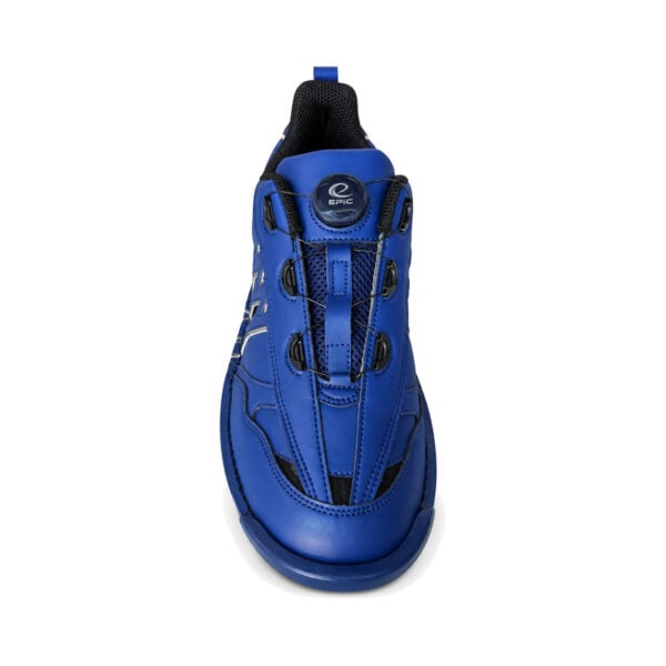 Single Epic Apollo Dial X Navy Gold right hand bowling shoe shown toe-on from the front, in blue with a black Epic Dial closure and cable lacing.