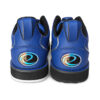 Pair of Epic Apollo Dial X Navy Gold right hand bowling shoes shown heel-on, showing the iridescent swirl logos on both heel badges.