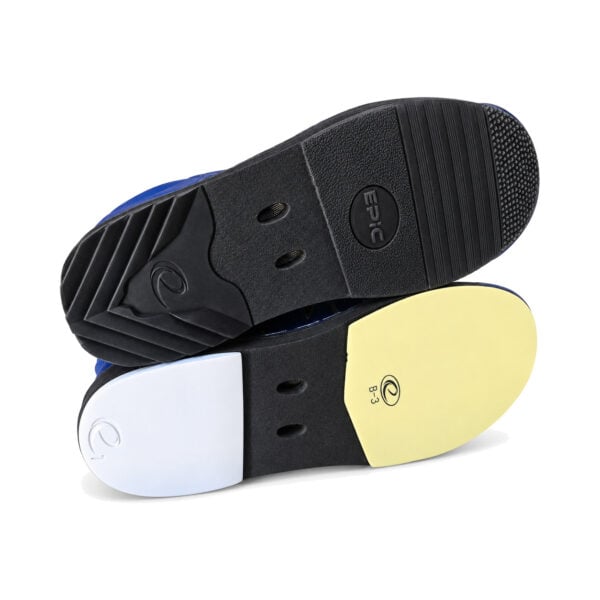 Soles of a pair of Epic Apollo Dial X Navy Gold right hand bowling shoes, showing the ribbed rubber traction sole on one shoe and the B-3 slide sole and white heel on the slide shoe.