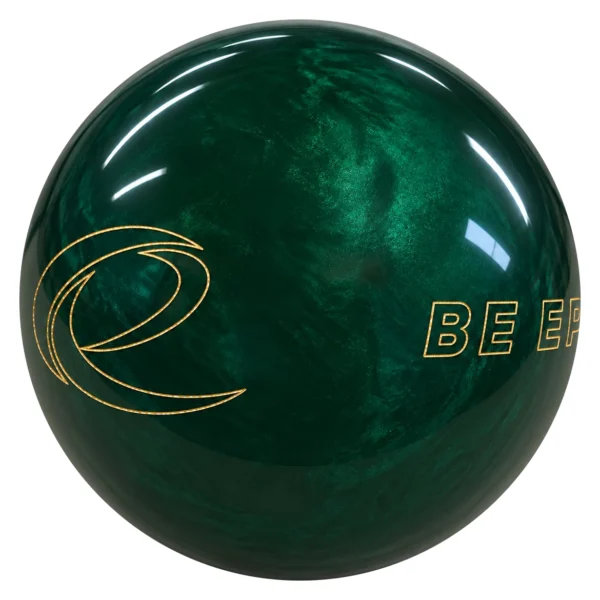 Epic Be Epic bowling ball in green angled to show the e and Be Epic logos