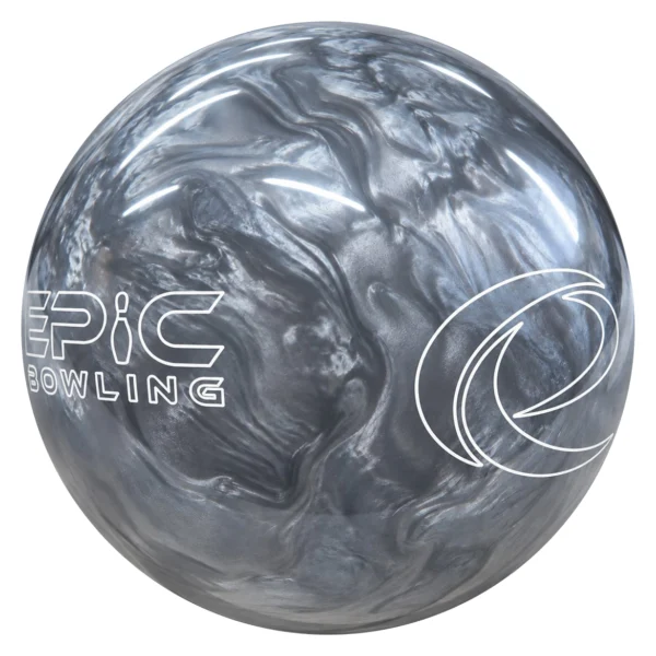 Epic Be Epic bowling ball in silver angled to show the Epic Bowling and e logos