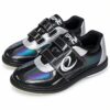 Pair of Epic Denny Colorshift Velcro rental style bowling shoes from the front three-quarter angle, showing the two hook-and-loop straps, carbon-look upper and colorshift panels.