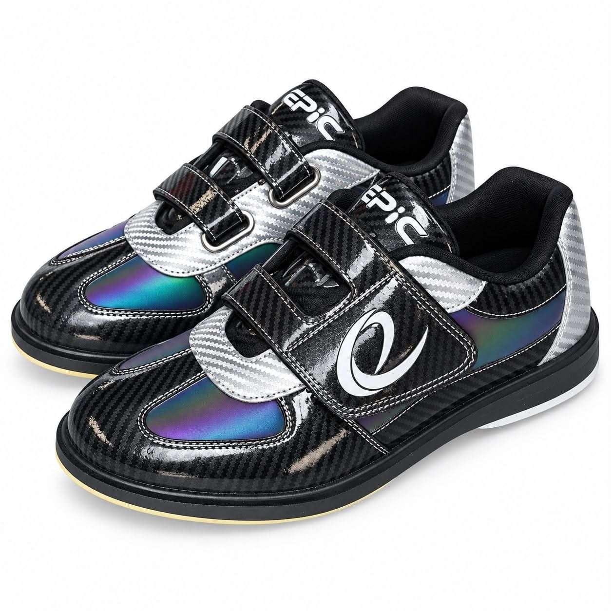 Pair of Epic Denny Colorshift Velcro rental style bowling shoes from the front three-quarter angle, showing the two hook-and-loop straps, carbon-look upper and colorshift panels.