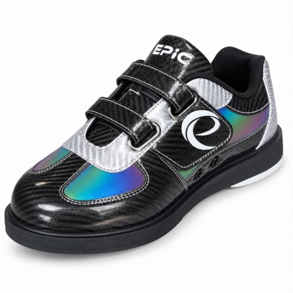 Epic Denny Colorshift Velcro rental style bowling shoe from the front three-quarter angle, showing the Epic swirl logo on the strap and the colorshift toe panel.