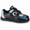 Side profile of an Epic Denny Colorshift Velcro rental style bowling shoe facing left, showing the two straps, colorshift panels and white midsole.