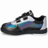 Side profile of an Epic Denny Colorshift Velcro rental style bowling shoe facing right, showing the strap eyelets, colorshift panel and silver heel.