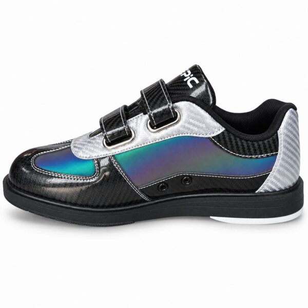 Side profile of an Epic Denny Colorshift Velcro rental style bowling shoe facing right, showing the strap eyelets, colorshift panel and silver heel.