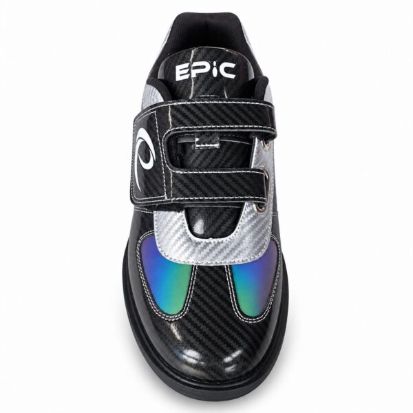 Epic Denny Colorshift Velcro rental style bowling shoe viewed toe-on from the front, showing the Epic logo on the tongue and the strap over the colorshift toe.