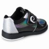 Pair of Epic Denny Colorshift Velcro rental style bowling shoes from the rear three-quarter angle, showing the silver carbon-look heels.