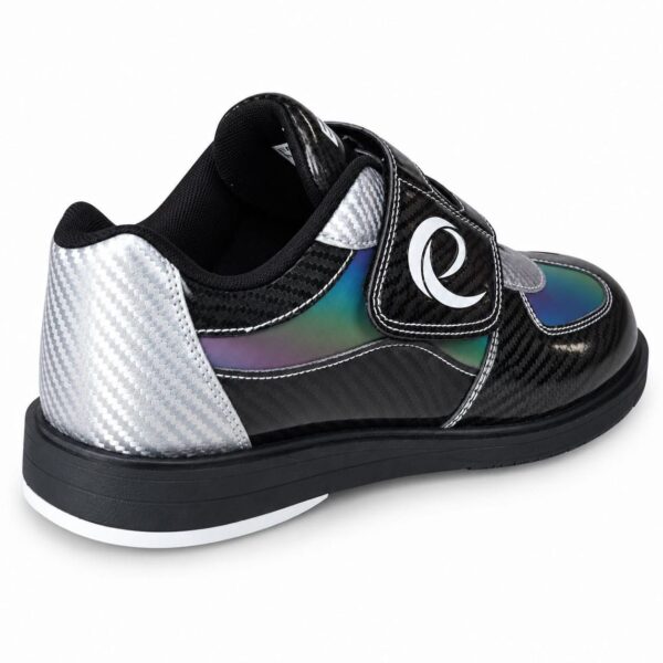 Pair of Epic Denny Colorshift Velcro rental style bowling shoes from the rear three-quarter angle, showing the silver carbon-look heels.