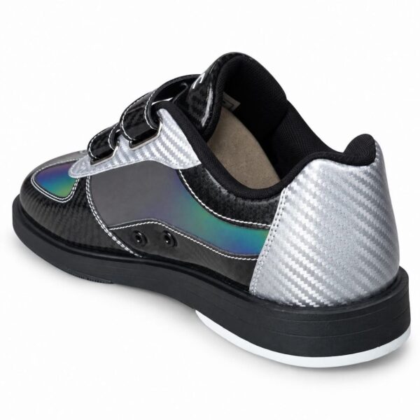 Epic Denny Colorshift Velcro rental style bowling shoe from the rear three-quarter angle, showing the silver heel, colorshift side panel and strap ends.