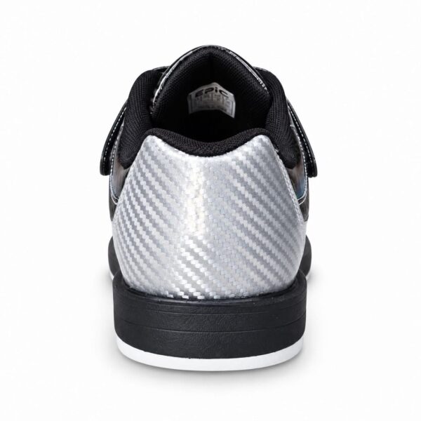 Heel view of an Epic Denny Colorshift Velcro rental style bowling shoe, showing the silver carbon-look heel counter and black midsole.