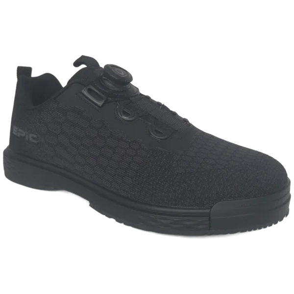 Epic Odin Dial Black Knit right hand bowling shoe from the front three-quarter angle, showing the dial closure, the cable lacing and the grey Epic logo.