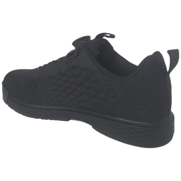 Side profile of an Epic Odin Dial Black Knit right hand bowling shoe facing left, showing the knit upper and the heel pull tab.