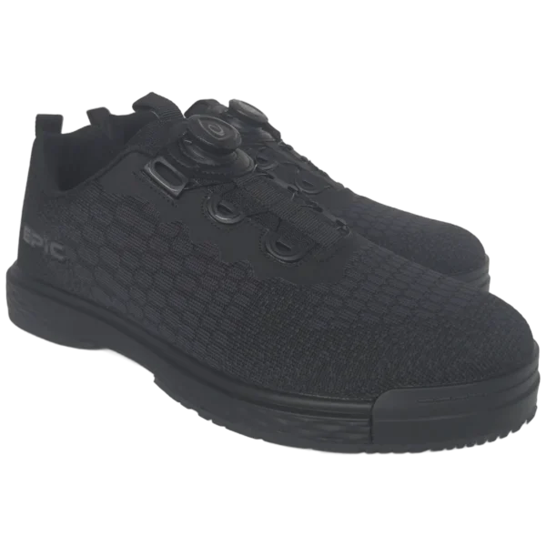 Pair of Epic Odin Dial Black Knit right hand bowling shoes from the front three-quarter angle, showing both dials and the Epic logo.