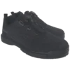 Close view of a pair of Epic Odin Dial Black Knit right hand bowling shoes from the front, showing the dial and the eyelets the cable runs through.