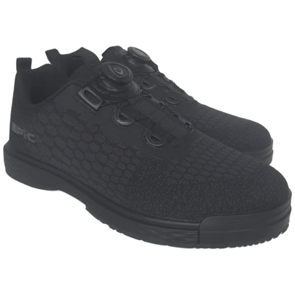Close view of a pair of Epic Odin Dial Black Knit right hand bowling shoes from the front, showing the dial and the eyelets the cable runs through.
