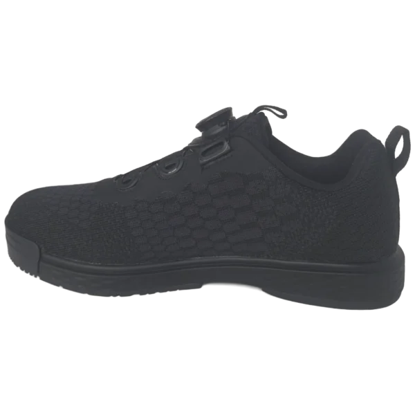 Epic Odin Dial Black Knit right hand bowling shoe from the front three-quarter angle on the opposite side, showing the dial and the heel pull tab.