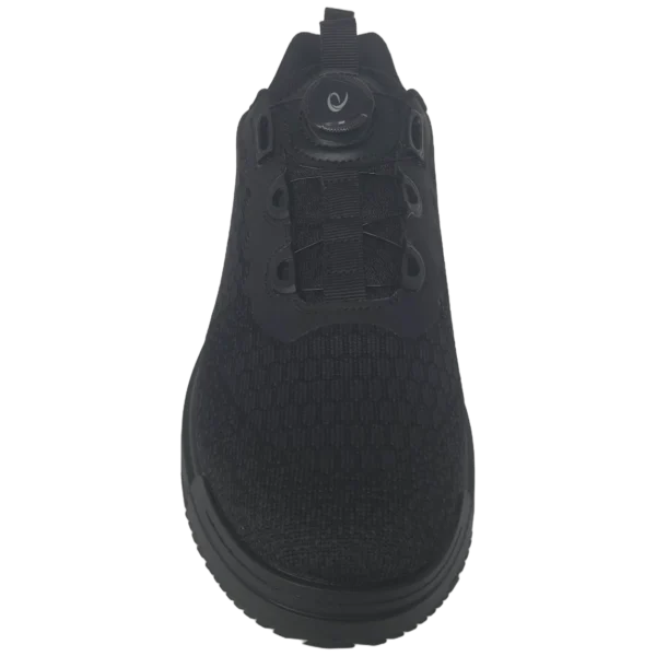 Toe-on front view of an Epic Odin Dial Black Knit right hand bowling shoe, looking down at the dial on top of the foot.